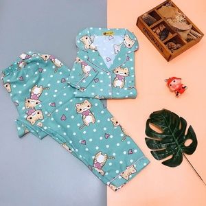 Teal Green Pajamas with cute cat